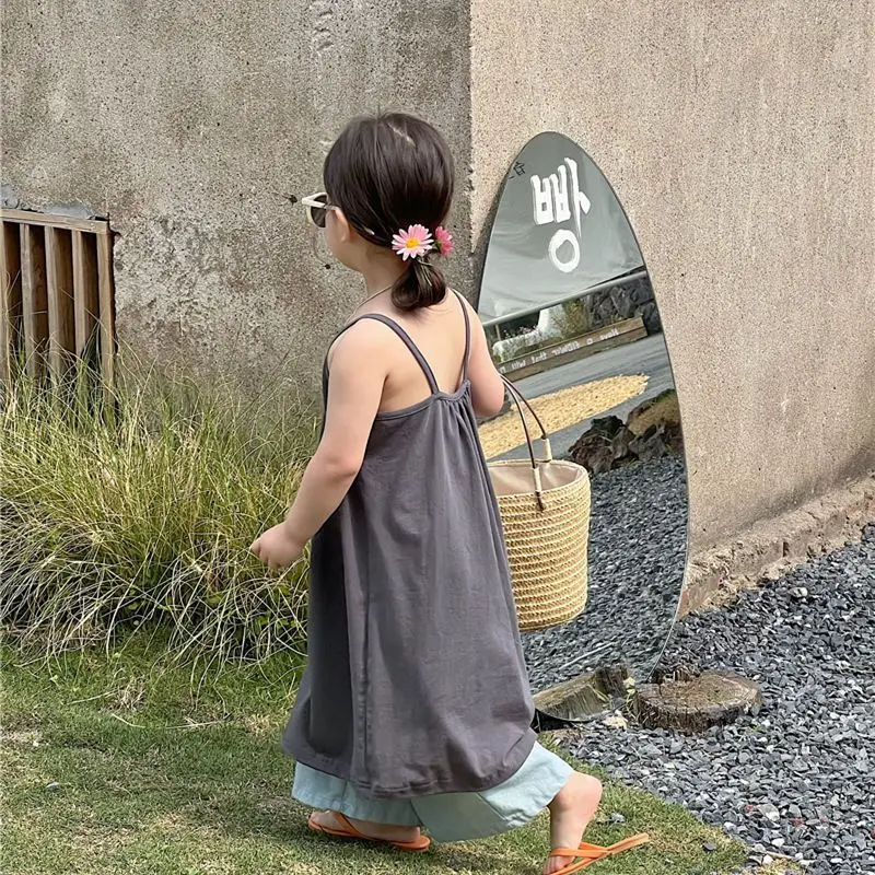 Korean Childrens Clothing Girls Vest Skirt Summer 2025 New Style Childrens Fashion Simple Jumpsuit Solid Color Long Skirt