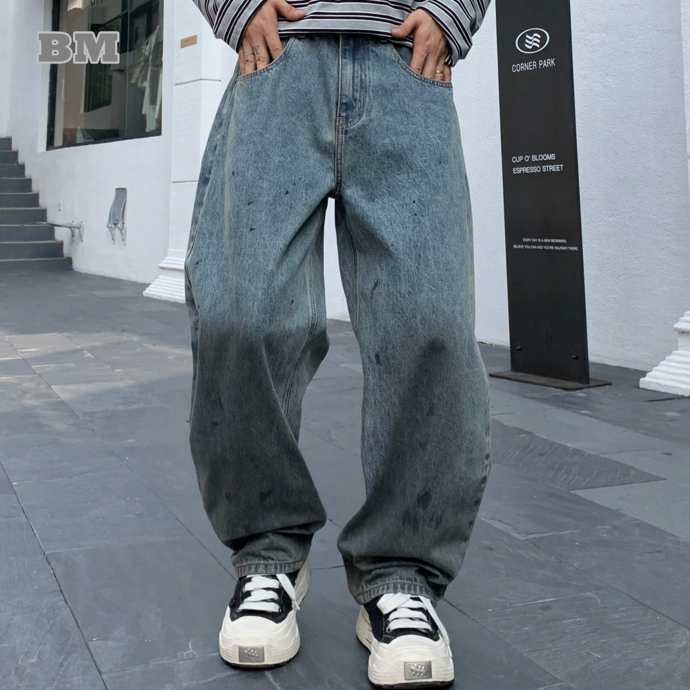 

American Vintage Baggy Jeans For Men Loose Fit Oversized Distressed Denim Pants Hip Hop Skateboard Streetwear Retro Trendy Blue