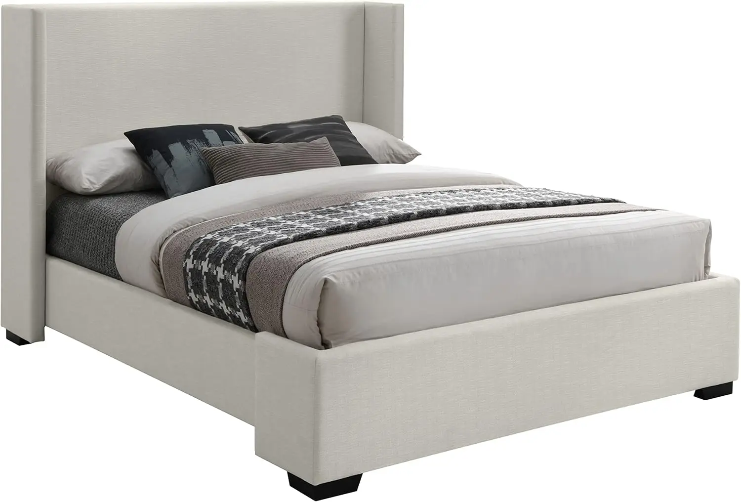 Meridian Furniture Oxfordbeige-F Oxford Collection Mid-Century Modern Linen Textured Fabric Upholstered Bed With Wing Back