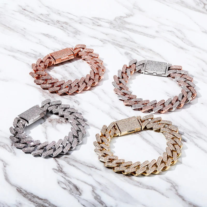 

European hip hop 16MM Flip Box Clasp Full Diamond Inlaid Rhombus Large Gold Chain Cuban Chain Necklace Bracelet