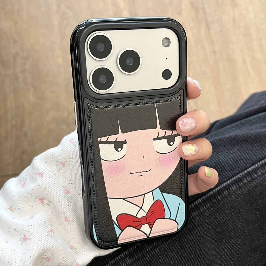 

Japanese Funny lovely Black haired Girls Soft Leather Protection Phone Case For iPhone 17 16 15 14 13 Pro Max Back Covers