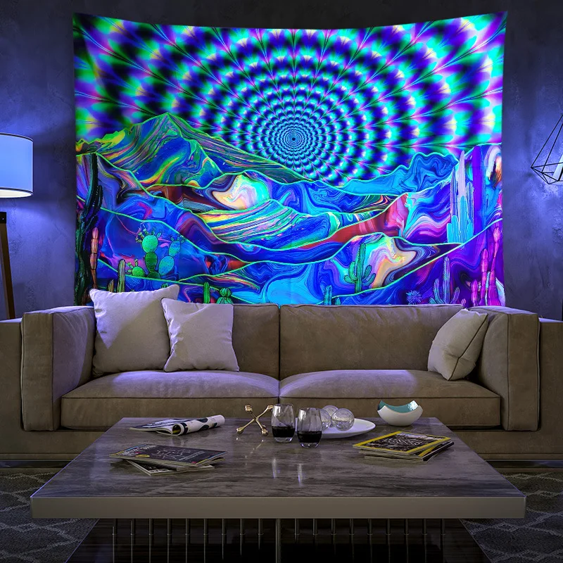 Mandala Fluorescent Tapestry UV Luminous Art Tapestry Decorative Background for Living Room Bedroom Bedside Wall Hanging Cloth