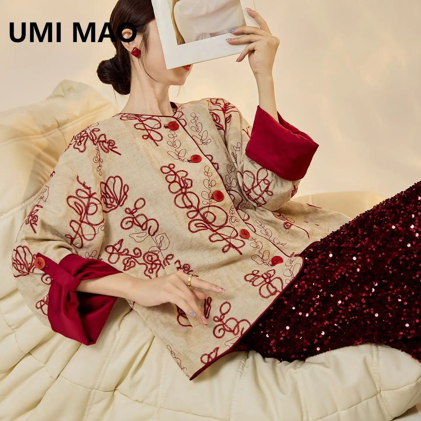 UMI MAO Autumn New Chinese Style Printed Improved Top Women's National Style Fashion Cardigan Button Loose Coat