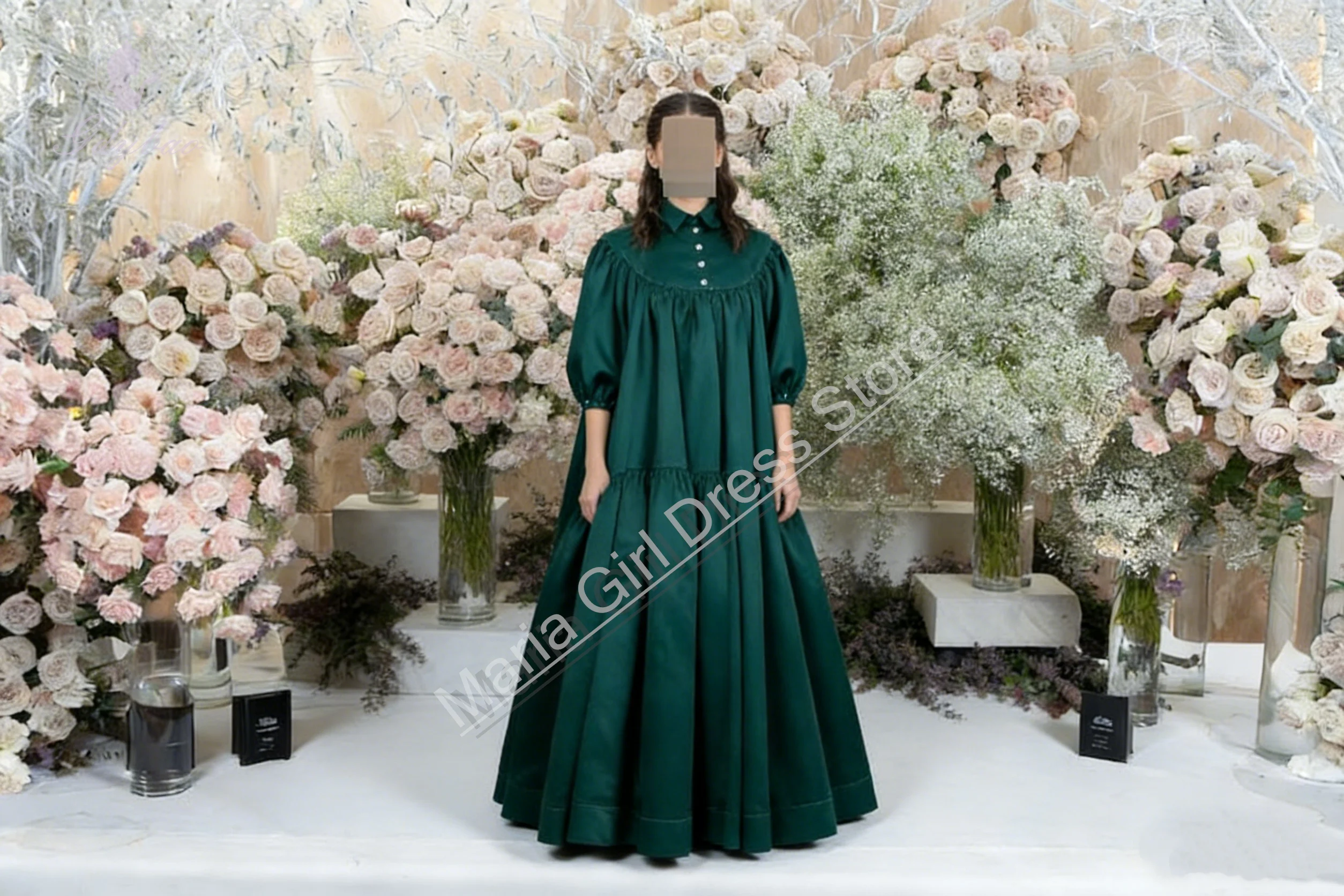 

Custom Green Girl's Wedding Party Dress With Pleated Button Decorations Suitable For Children's Birthday Prom Dress