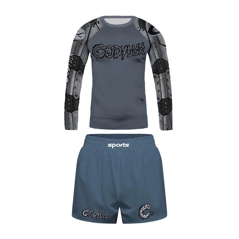 Cody Lundin Boys 7-13Y Slate Blue Armor Print Athletic MMA BJJ Compression Outfit Elastic Muay Thai Rash Guard Multi-piece Set