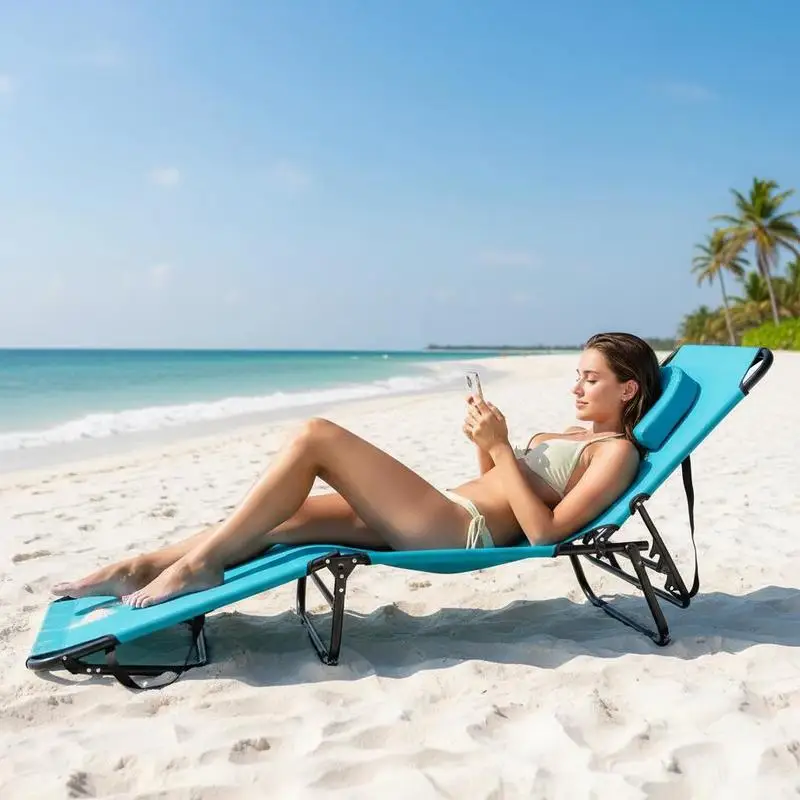 Chaise longue de plage réglable rayée turquoise avec trou pour le visage et coussin amovible