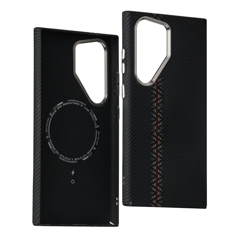 Hit Color Carbon Fiber Texture Magsafe Case for Samsung Galaxy S25 S26 S23 S24Ultra Plus Metal Lens Wireless Charging Hard Cover