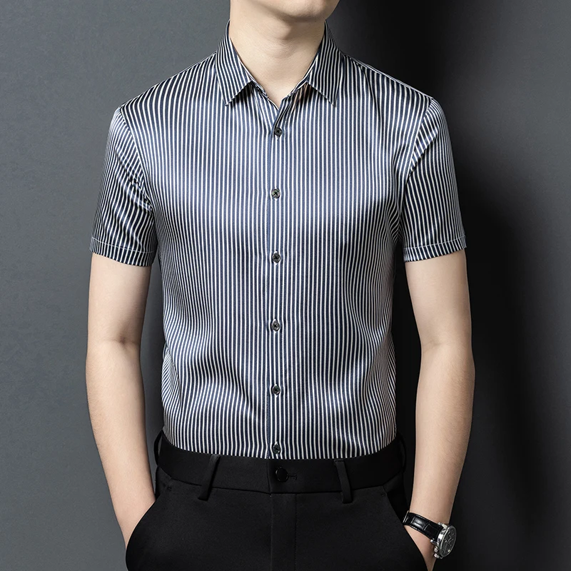 HT8402 Striped Silk Premium Shirts For Men Short Sleeve Easy Care Summer Coolness Lightweight Quality Smart Casual Chemise Homme