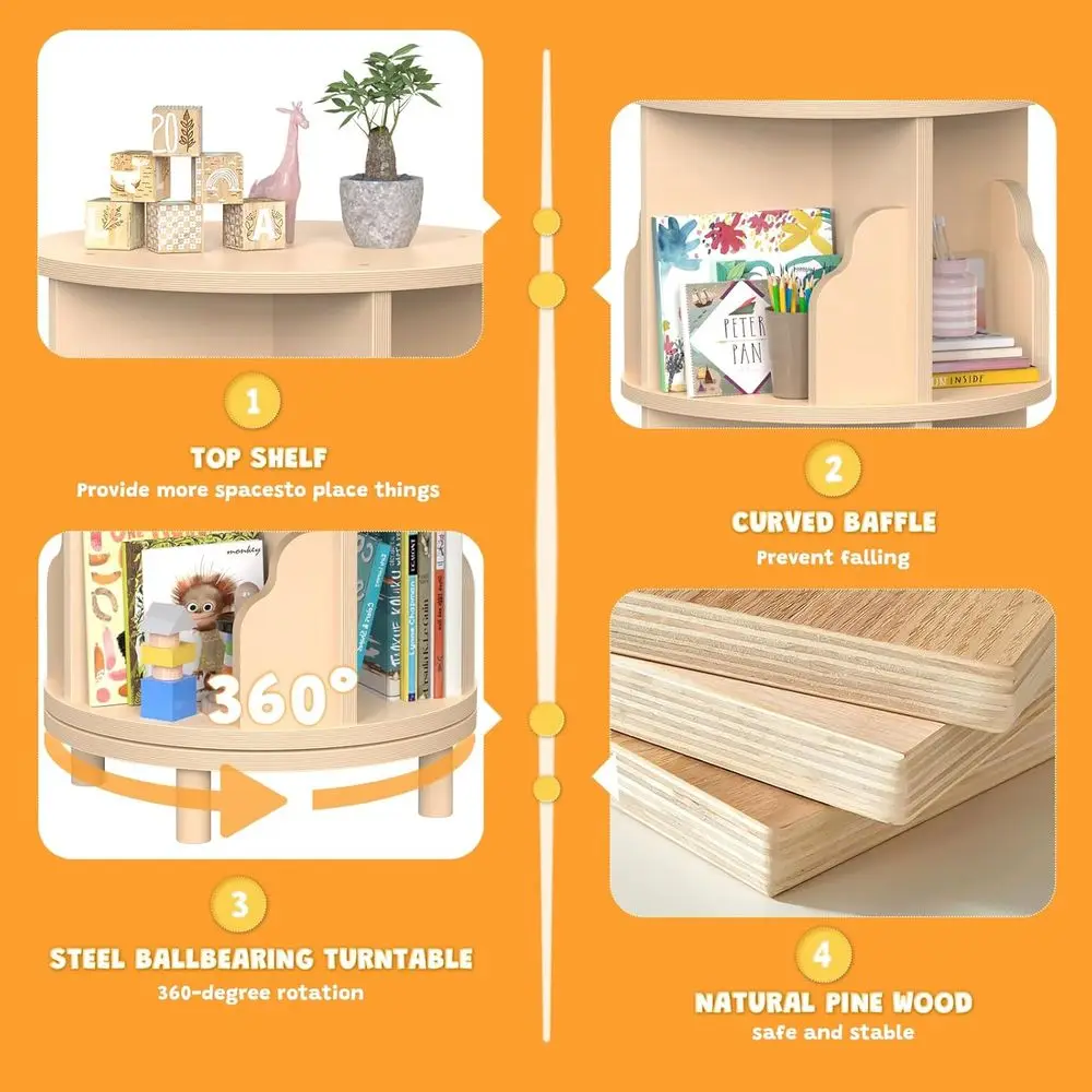 برج رف كتب دوار للأطفال، منظم كتب خشبي دوار 360 درجة مكون من 3 طبقات للأطفال الصغار، خزانة كتب دوارة مستديرة من مونتيسوري #6