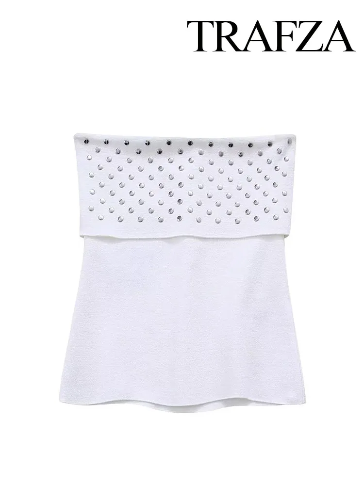 

TRAFZA Woman Summer Fashion Solid Strech Tops Women's Casual Sleeveless Sexy Slim Strapless Neck Rivet Decorate Top TRAF