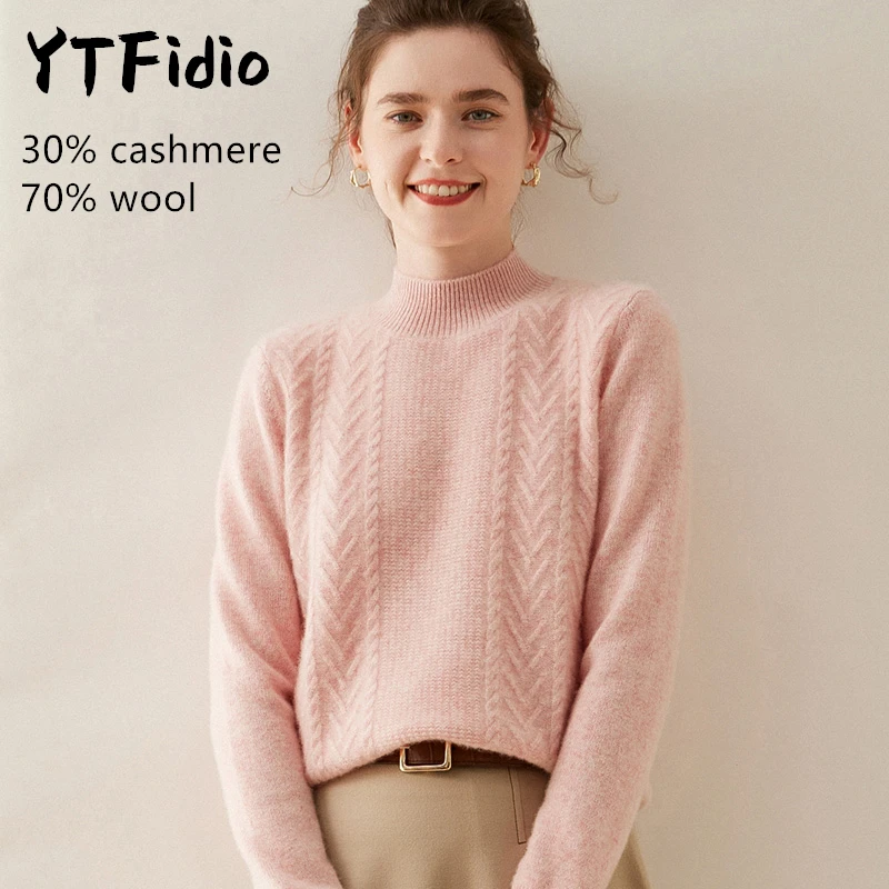 YTFidio Cashmere Merino Wool Sweater Women Long Sleeve Mock neck V-shaped Casual Jumpers Solid Knitwear Pullover Tops 122