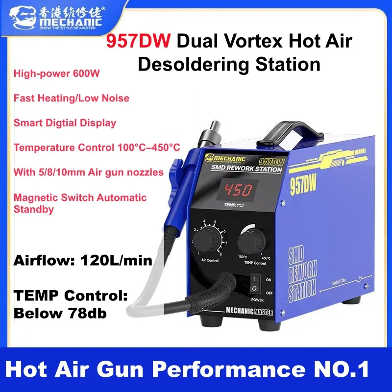 

Термофен с двойным вихревым потоком воздуха 600 Вт, цифровой дисплей, станция для пайки, насадки 5/8/10 мм, модель 957DW, 110В/220В