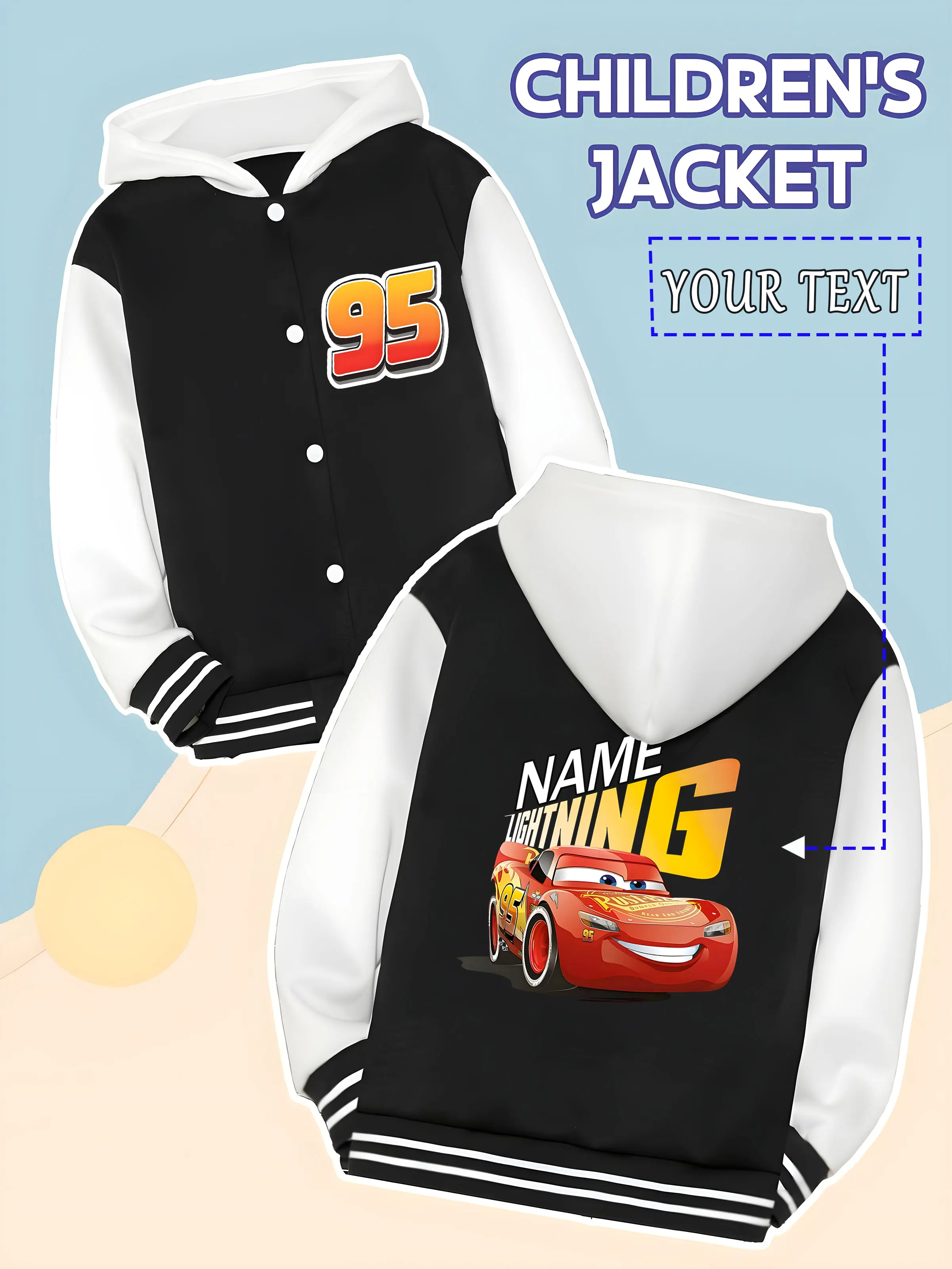 

MINISO Disney Cars Lightning McQueen Baseball Jacket for Kids - Classic No. 95 racing pattern, dynamic and eye-catching, suitabl