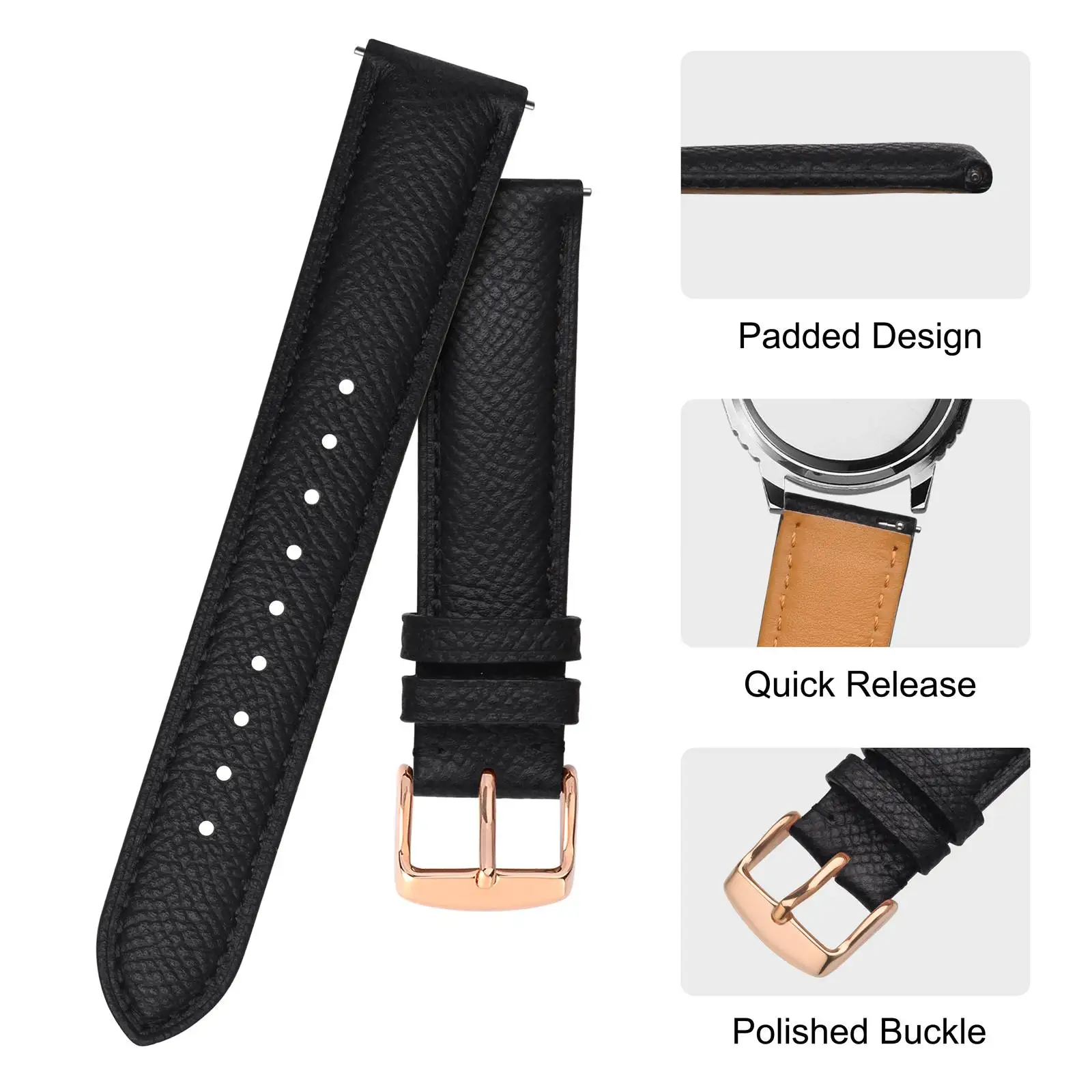 BISONSTRAP Watch Bands Quick Release 18mm 20mm 22mm Texture Leather Watch Strap for Men Women pink Watchband  Rose gold Buckle