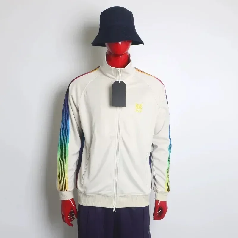 

2025ss AWGE Embroidery Butterfly Track Jackets Men Women Rainbow Ribbon Striped AWGE White Zipper Jackets With Tags