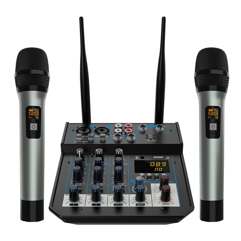 4 Channel Audio dj Mixer Console with Bluetooth Mixer UHF Wireless Microphone for Home Karaoke Stage Studio