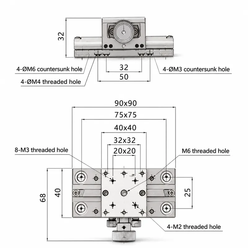 Manual X Axis Dovetail Slide Stage Rack and Pinion Precision Linear Translation Stage 40x40mm Table Plus Minus 35mm Travel
