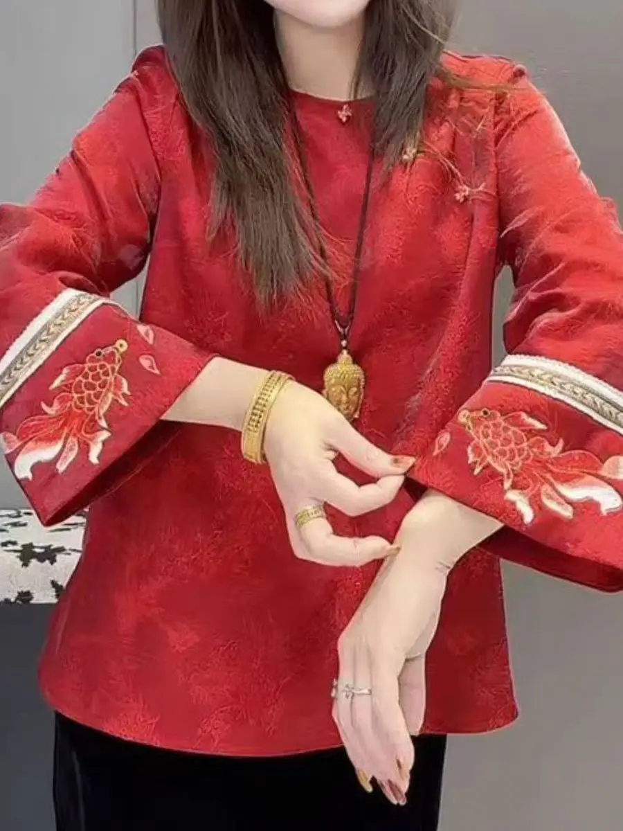 

Chinese Style round Neck Shirt Embroidered Flared Sleeve Traditional Pattern Breathable Casual Long Sleeve Women's Top