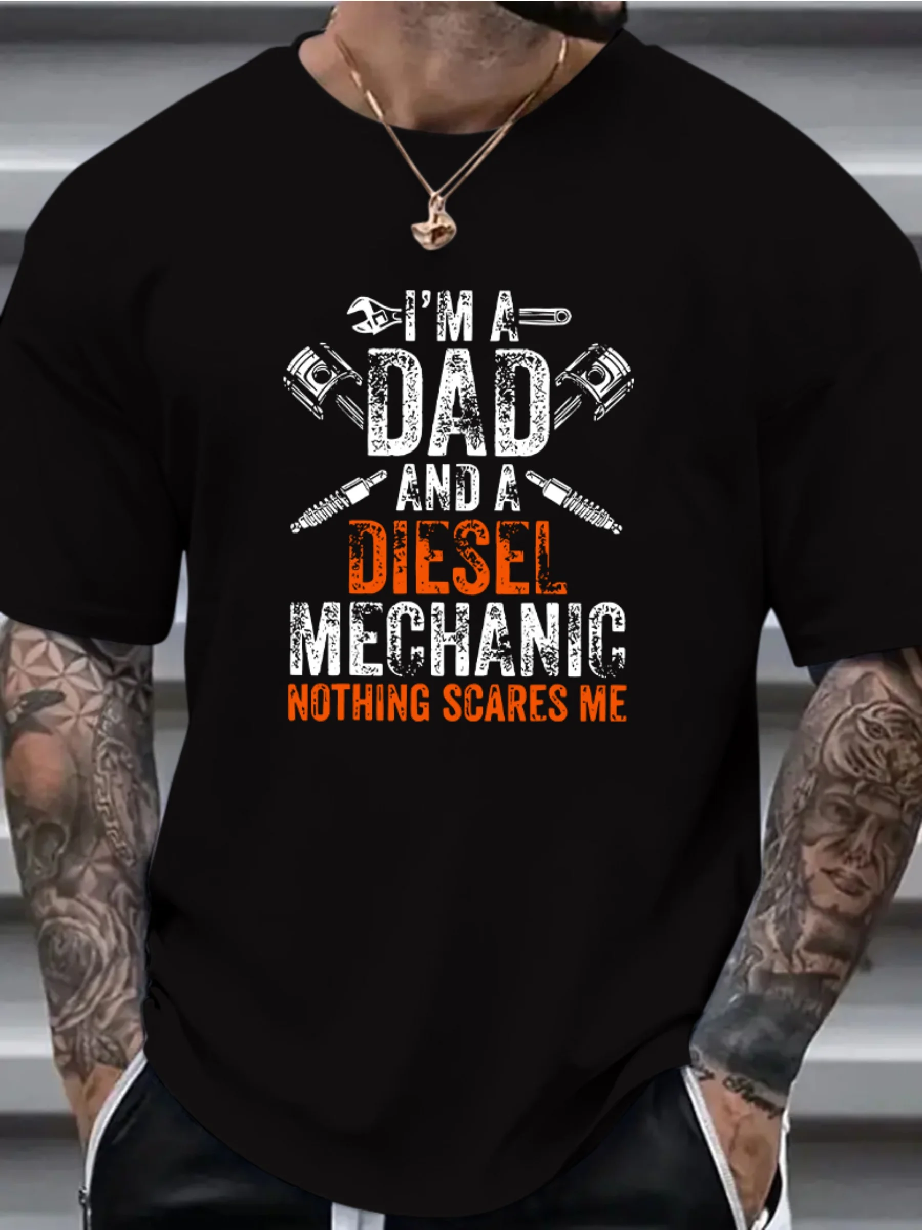 Diesel Mechanic Herren-T-Shirt aus reiner Baumwolle, Sommer, lässig, kurzärmelig, Grafik-T-Shirt, atmungsaktiv und bequem