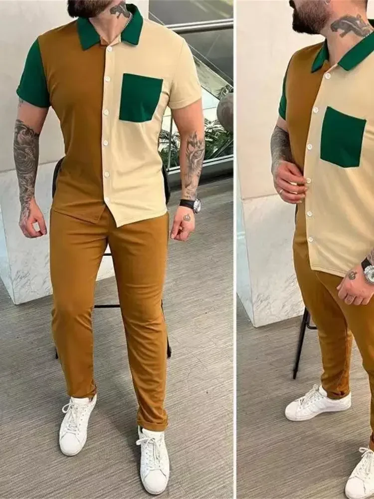 

2025 New Men Pant Set Two Piece Sets Short Sleeve Turn Down Collar Single Breasted Shirt Tops Splice High Waist Long Pants