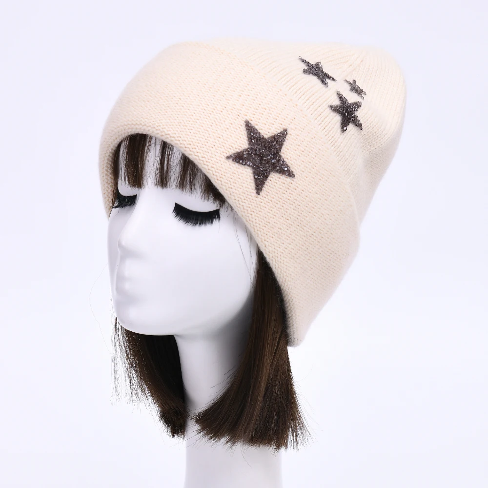 Jaxmonoy Wool Beanie Hat for Women Fashion Star Pattern Winter Beanies Double Folded Warm Outdoor Skull Cap Casual Knitted Hats