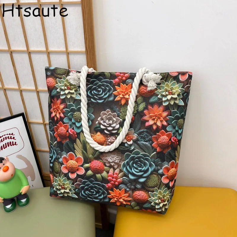 

Women's Tote Bag Canvas Flower Printed Large Capacity Advanced Sense Handbag Practical Female's Commuter Shopping Bag