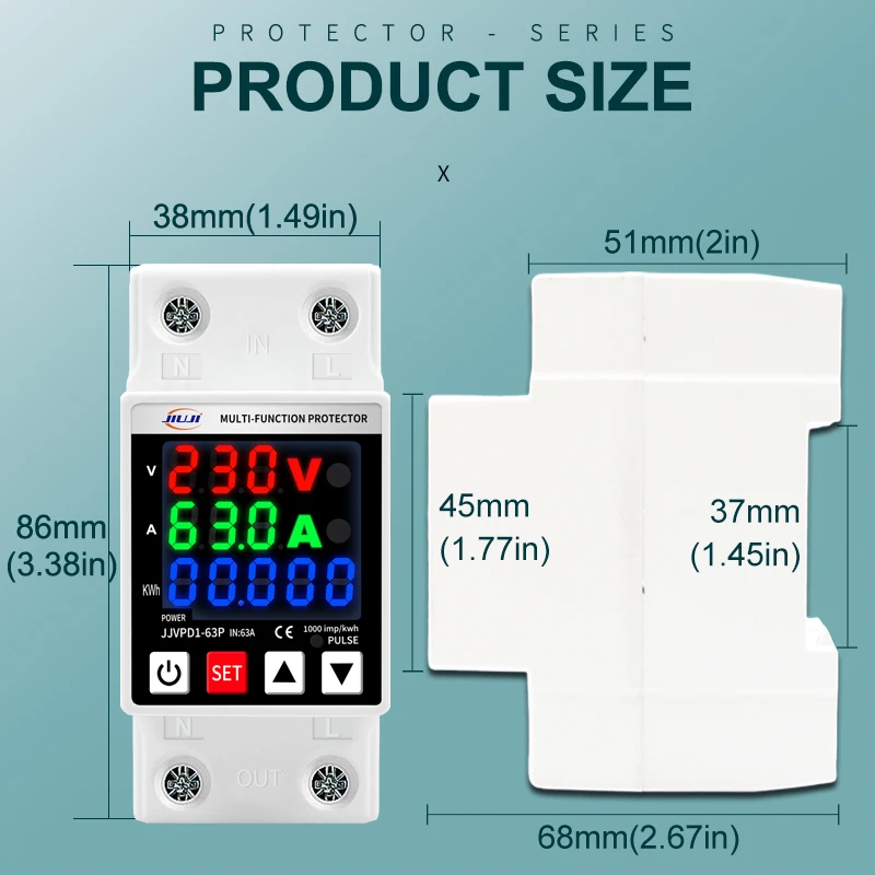 Energy Meter Digital Display Over Under Voltage Current Protection kWh Power Meter DIN Rail 63A Adjustable 220V 230V - view 5