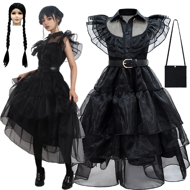 

Wednesday Adams Family Cosplay Costume Girls Halloween Theme Party Black Gothic Evening Dress Kids Carnival Party Tulle Vestidos