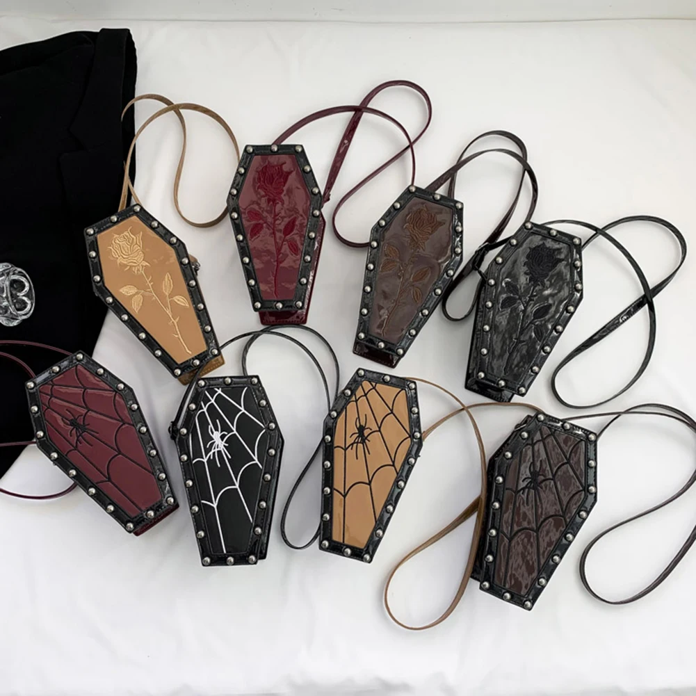 

Women Coffin Satchel Purse PU Leather Gothic Crossbody Bag Novelty Spider Crossbody Pouch Mobile Phone Bag Halloween Sling Purse