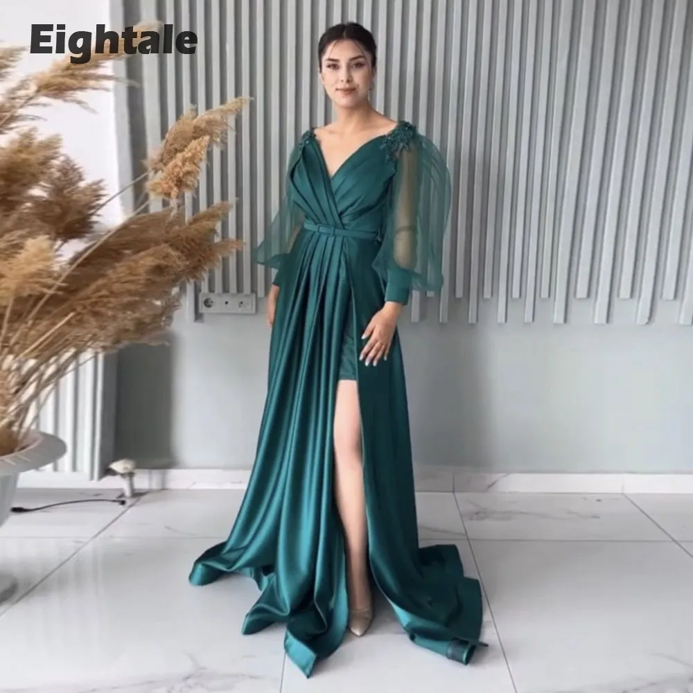 

Eightale Dark Green Evening Dresses Long Puffy Sleeves Side Slit A-Line V-Neck Satin Prom Party Gown vestido de fiesta