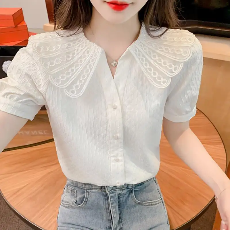 Solid Color Turn-down Collar Button Summer Cardigan Short Sleeve Gauze Embroidery Trendy T-shirt Casual Elegant Women\'s Tops