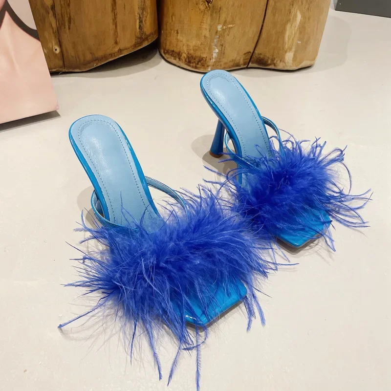 

2024 Summer Fashion Fluffy Furry Women Slippers Female Gladiator Sandals Party Banquet Mules High Heels Slides Shoes