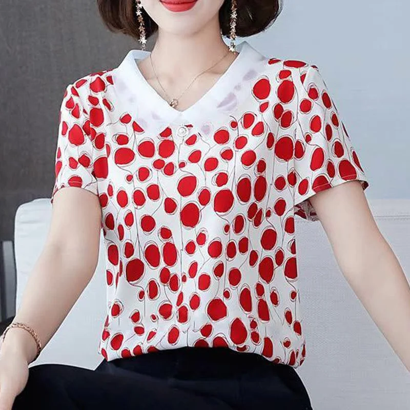 Women Clothing Printing Plus Size Office Shirt Tops Summer New Short Sleeve All-match Thin Loose Elegant Blouse Fashion Vintage