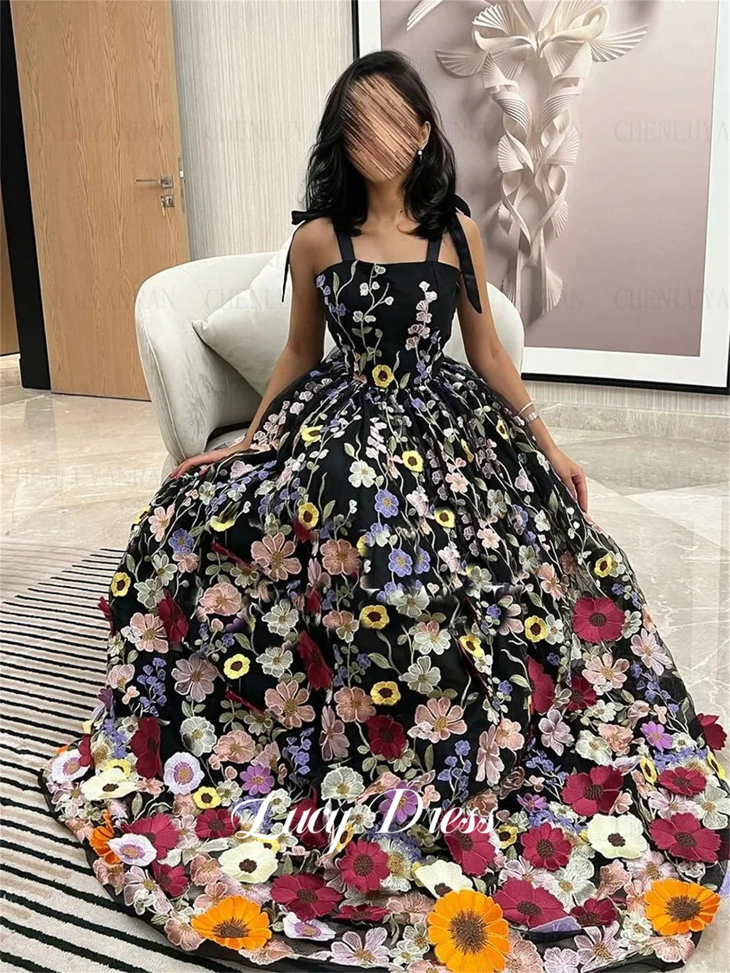 Lucy Line A-Vestido largo De fiesta para mujer, traje De baile De malla negra con estampado Floral, para fiestas De baile