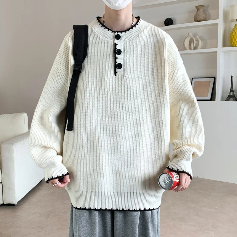 Men’s Oversized Black Knit Sweater, Casual Crewneck Pullover Jumper, Contrast Trim Long Sleeve Loose Fit Winter Sweater