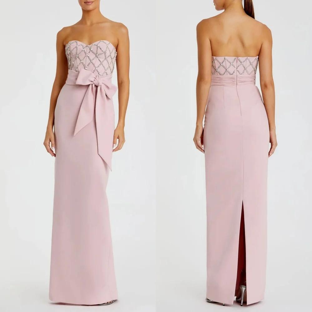 

Customized Jersey Rhinestone Bow Sweetheart Neck Straight Long Dresses Bespoke Occasion Evening Party Gown Sparkle Elegant