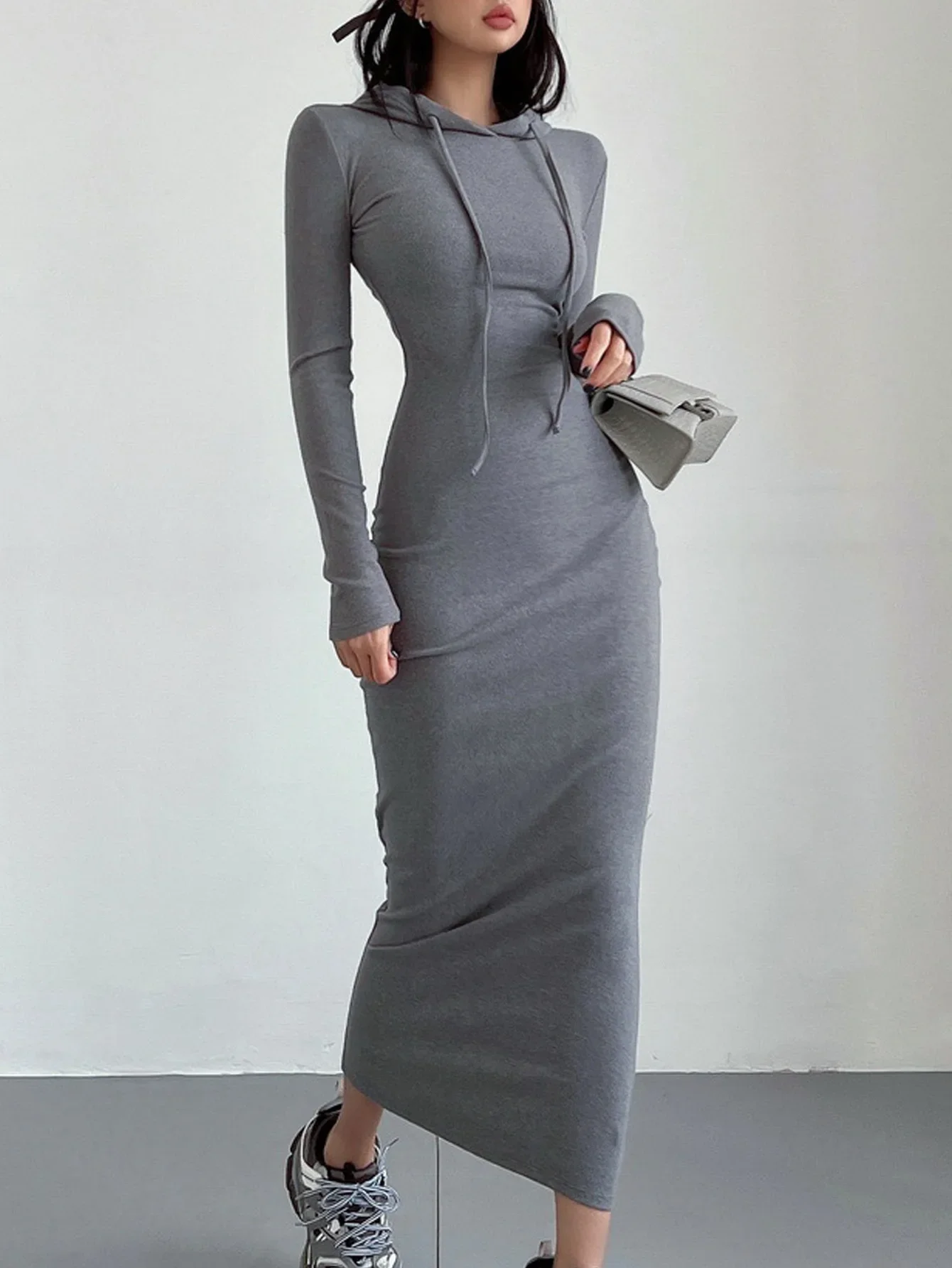 Women Hooded Drawstring Long Sleeve Dresses Bodycon Slim Fit Side Slit Midi Knit Sweatshirt Solid Color Casual Sports Y2K Outfit