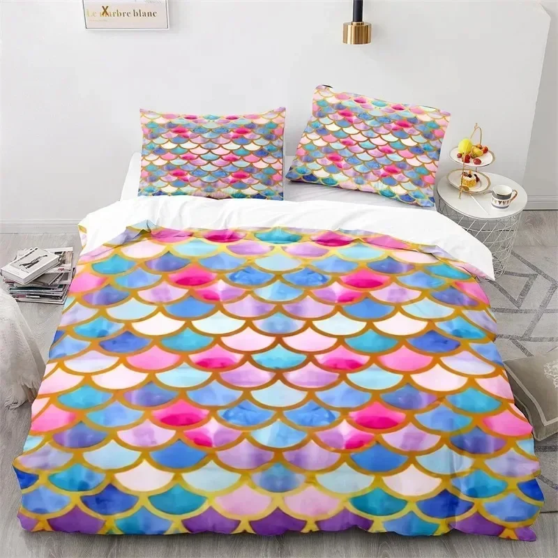 

Colorful Fish Scales Bedding Set Twin King For Kids Boys Blue Pink Mermaid Skin Surface Print Polyester Quilt Cover