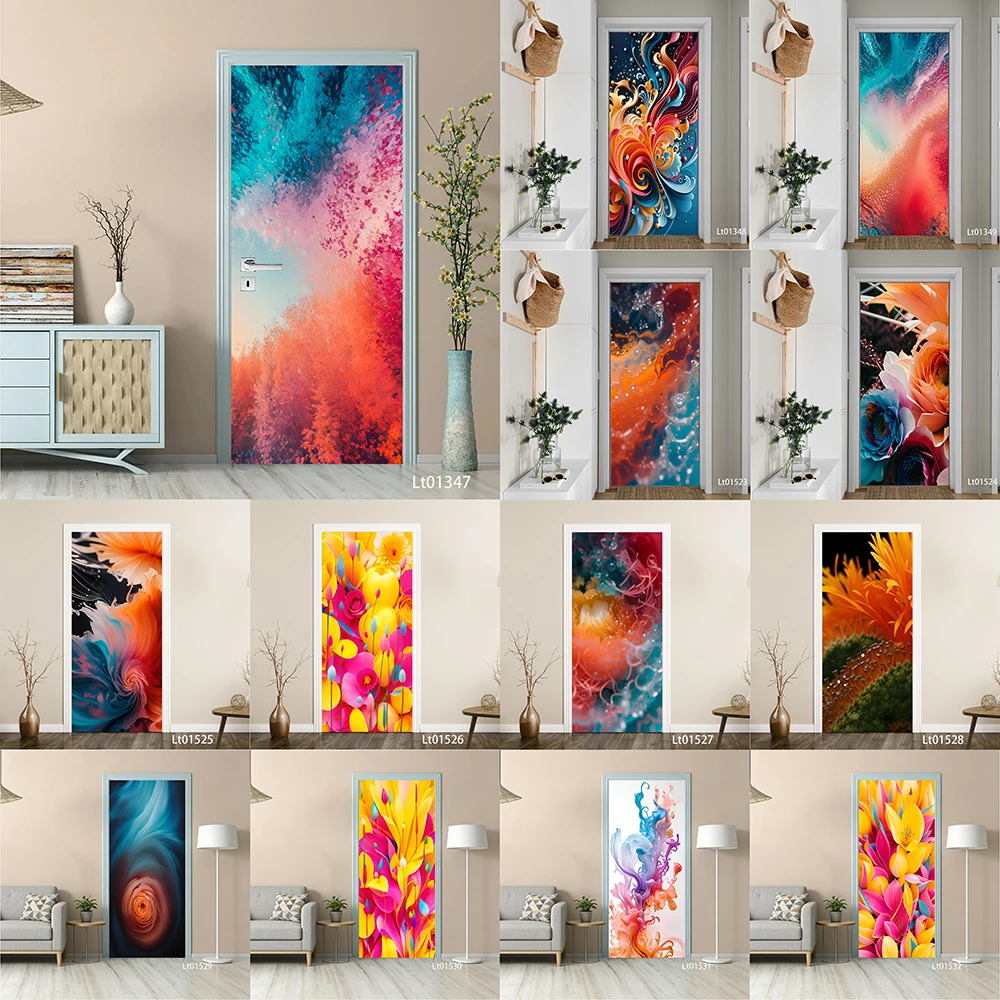 

Vibrant Fluid Art Door Sticker, Removable Peel and Stick Self Adhesive Wallpaper, Gradient Abstract Mural for Home Decor