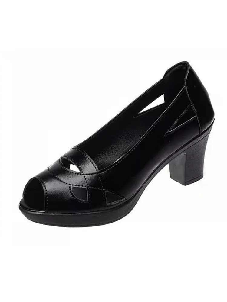 Moda damska Plus Size Black Leather Peep Toe High Heel Shoes Casual Hollow Out Breathable Spring & Summer Office Shoes A95