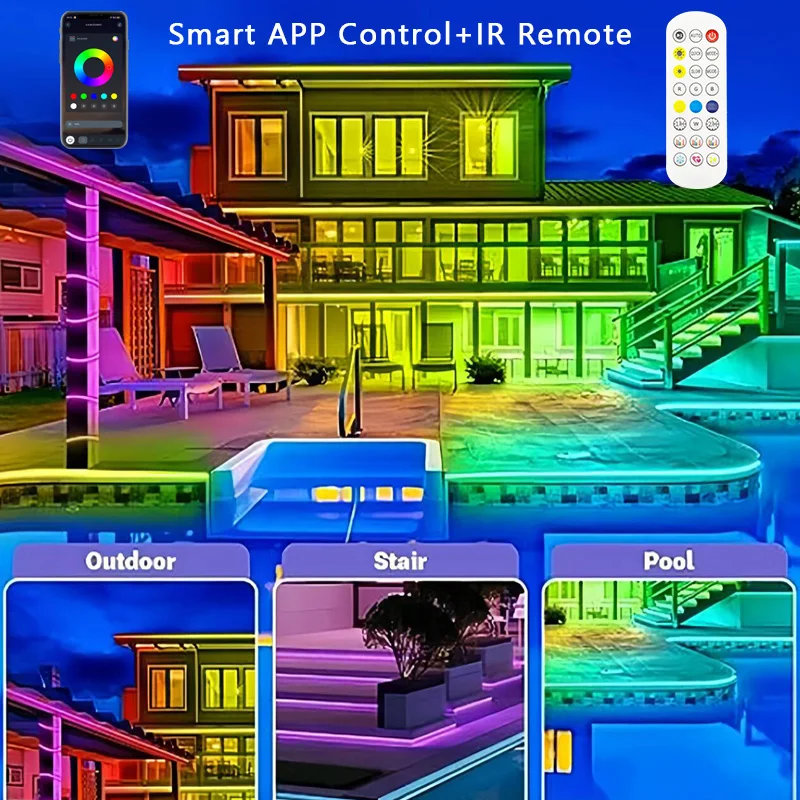 32.8ft Outdoor Led Strip Lights Waterproof 24V RGB Led Rope Lights App Control Music Sync for Home Balcony Roof Patio Garden