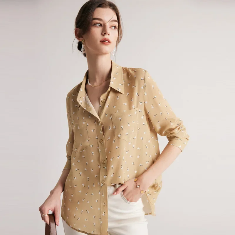 

Sand-washed Print Silk Shirt for Women Long Sleeve Office Lady Shirts Lapel 100% Mulberry Silk Blouse Korean Fashion Female Tops