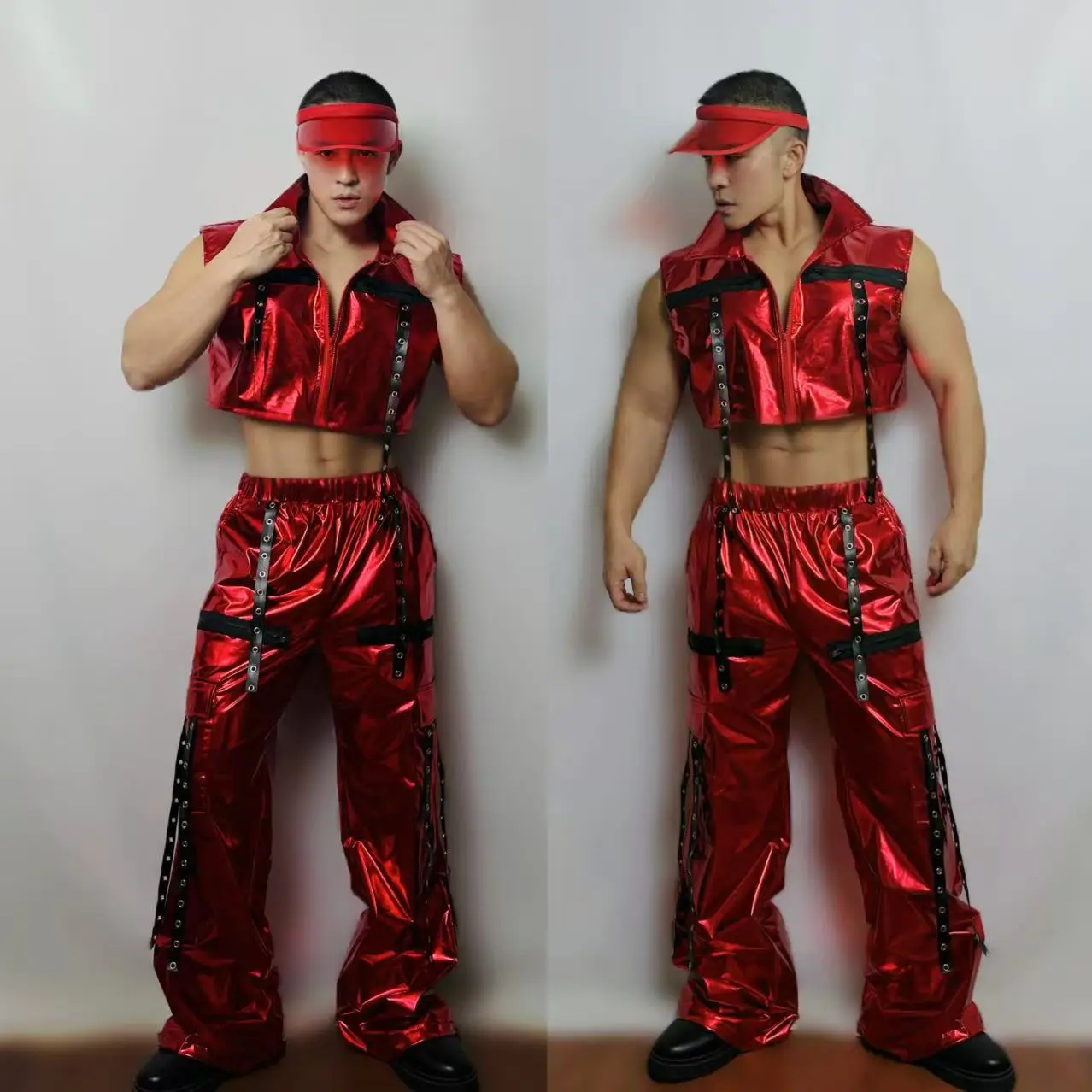 Męski Zestaw Kostiumowy Hip-hop Punk Srebrno-Czerwony Laserowy Bandaż Kamizelka Spodnie 2-częściowy Strój Klubowy Gogo Dancer Seksowny Strój Sceniczny