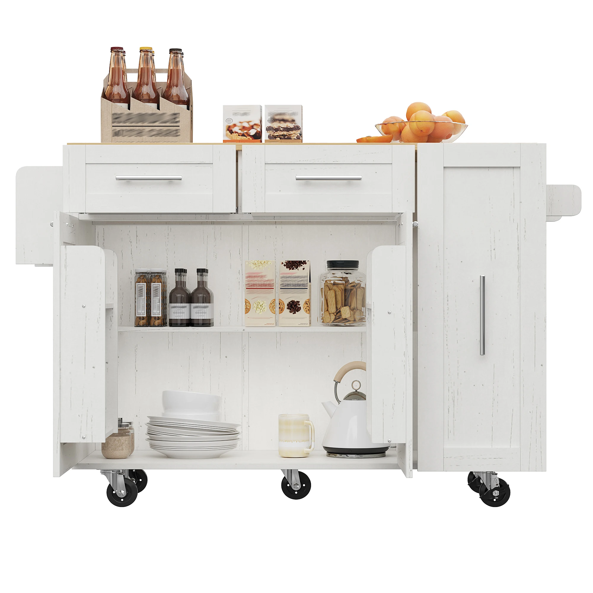 Îlot de cuisine moderne blanc avec plateau en MDF imitation bois, table à manger pliable, armoires de rangement extensibles, étagères à snacks, roulettes verrouillables, buffet multifonctionnel pour la maison