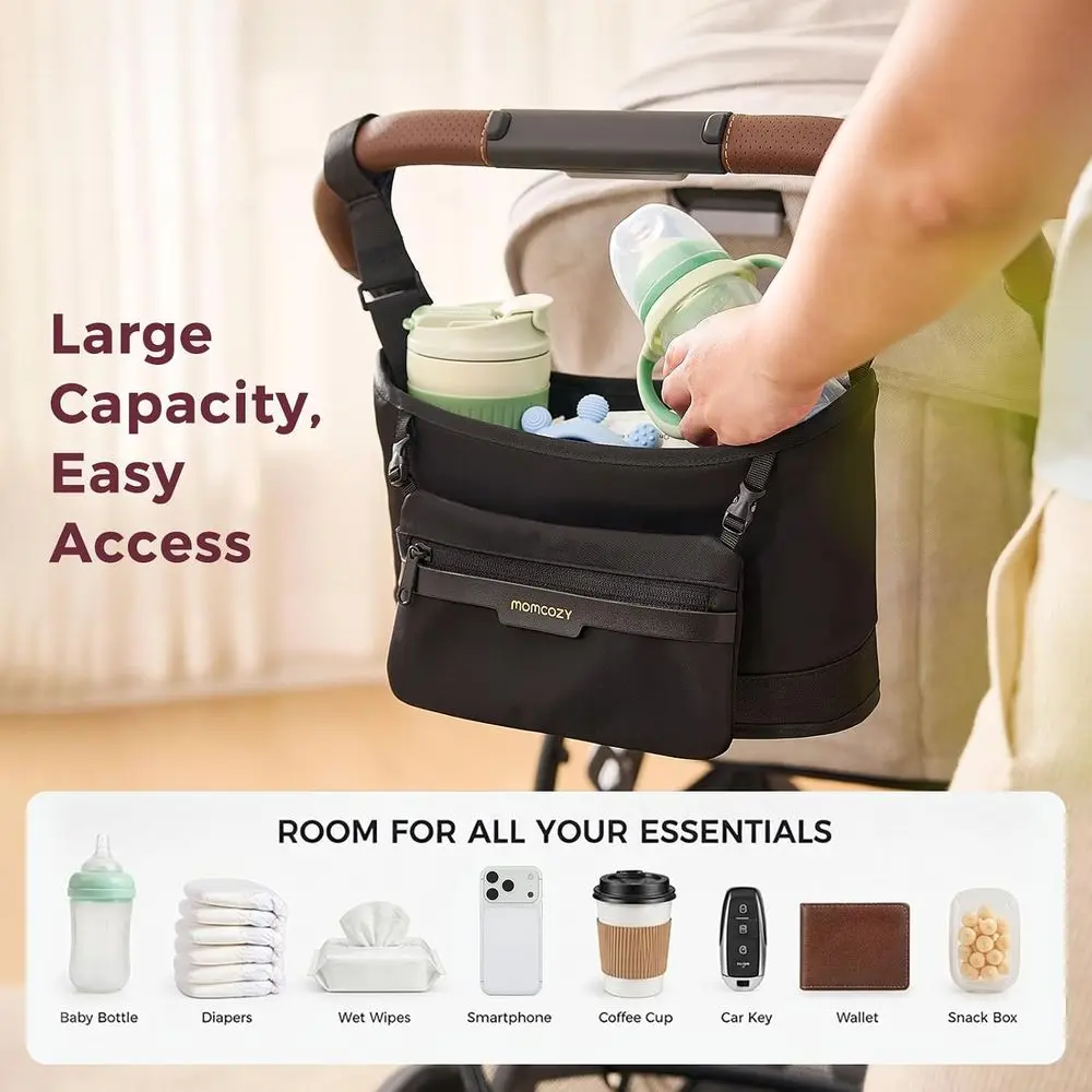 Slim Stroller Organizer with 2 Insulated Cup Holders, Non-Slip Silicone Straps, Detachable Mini Pouch, Dense-Weave Parent or UPP
