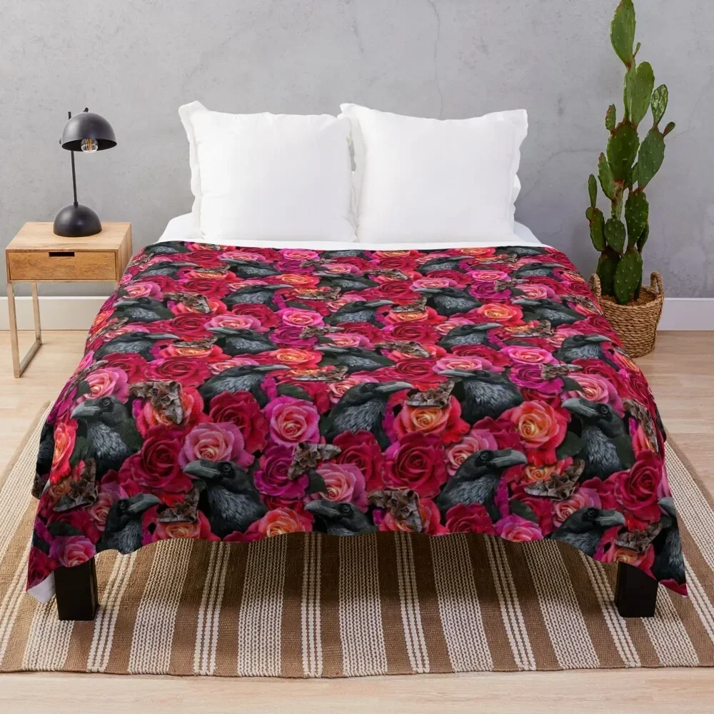 

Raven Evermore with Roses and Hawkmoths Gothic Pattern by Moose Disco Throw Blanket warm for winter Bed covers Blankets