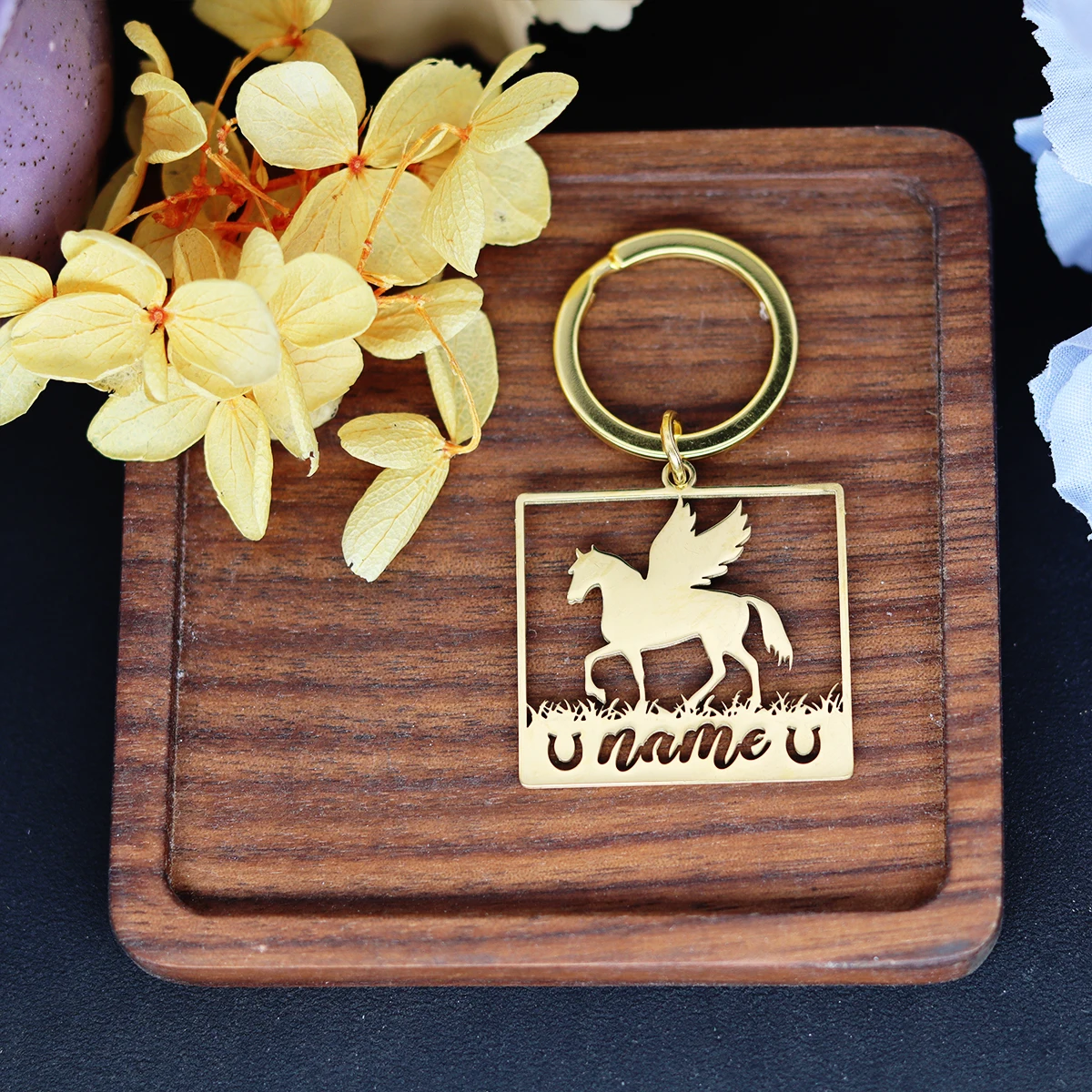 QIAMNI Customized Name Cute Horse Angel Wings Keychain Stainless Steel Metal Car Key Chains Engraved Nameplate Bag Keyrings Gift view 3