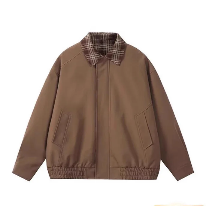 

Men Jacket Autumn Winter Fashion Plaid Patchwork Turn Down Collar Male Coat Vintage Long Sleeve Fake Two-piece Man Outerwear