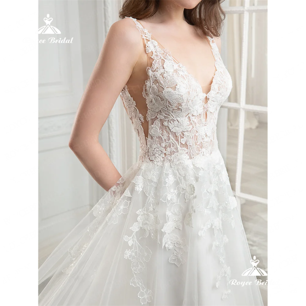 Roycebridal-vestido de noiva em V para mulheres, linha A, sem encosto, trem tribunal, vestido de casamento, traje feminino, 2020