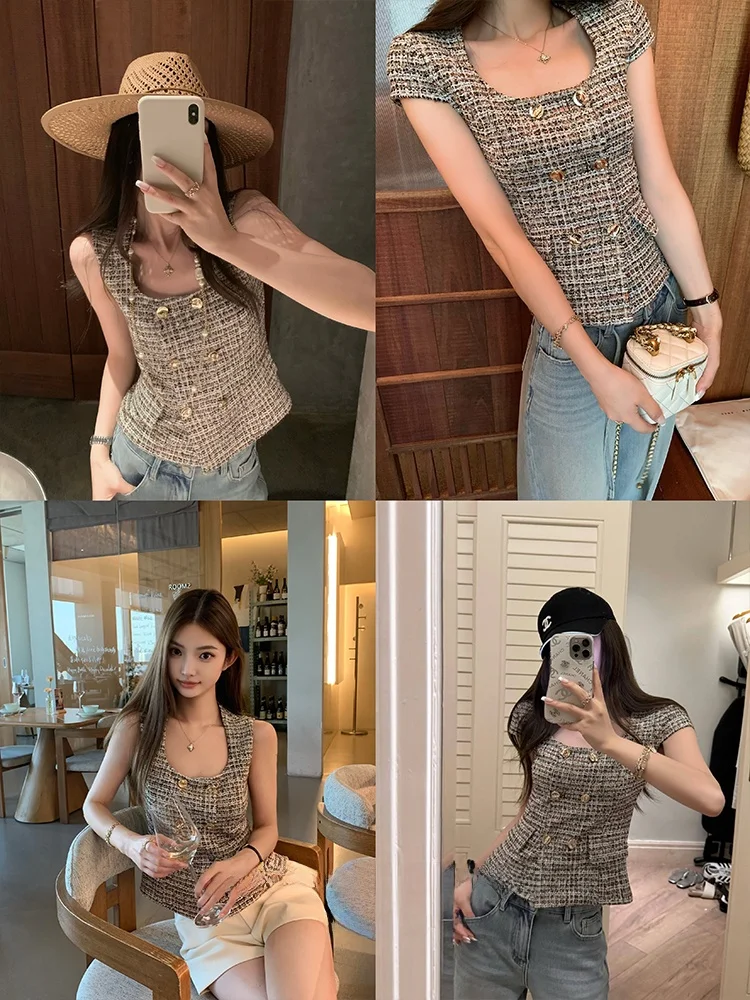 

Bla Bean H Humming Large U Collar Embroidered Svel Waist-Cinching ort Sve Top Women Summer Original Design Vest